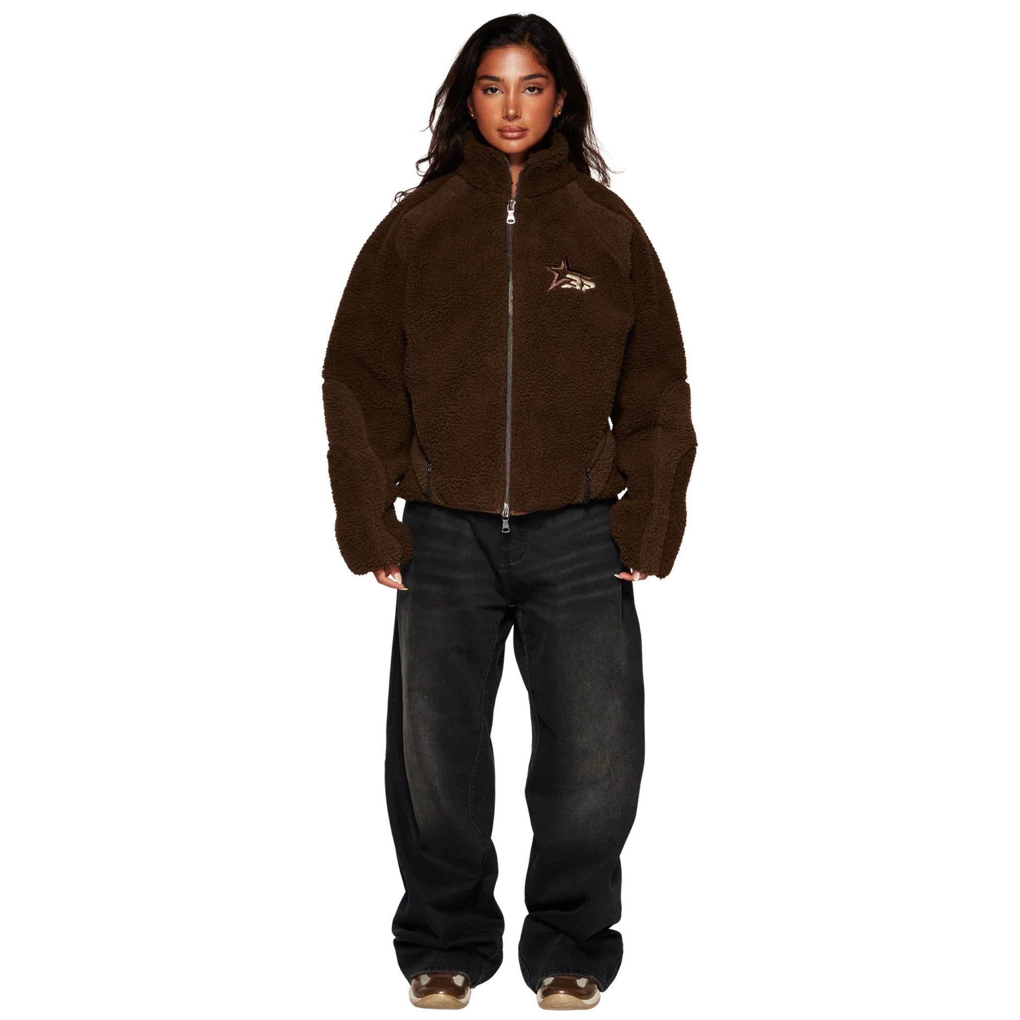 Model full female view of Broken Planet Mocha Polar Fleece BP-PL-FL-M_BROWN